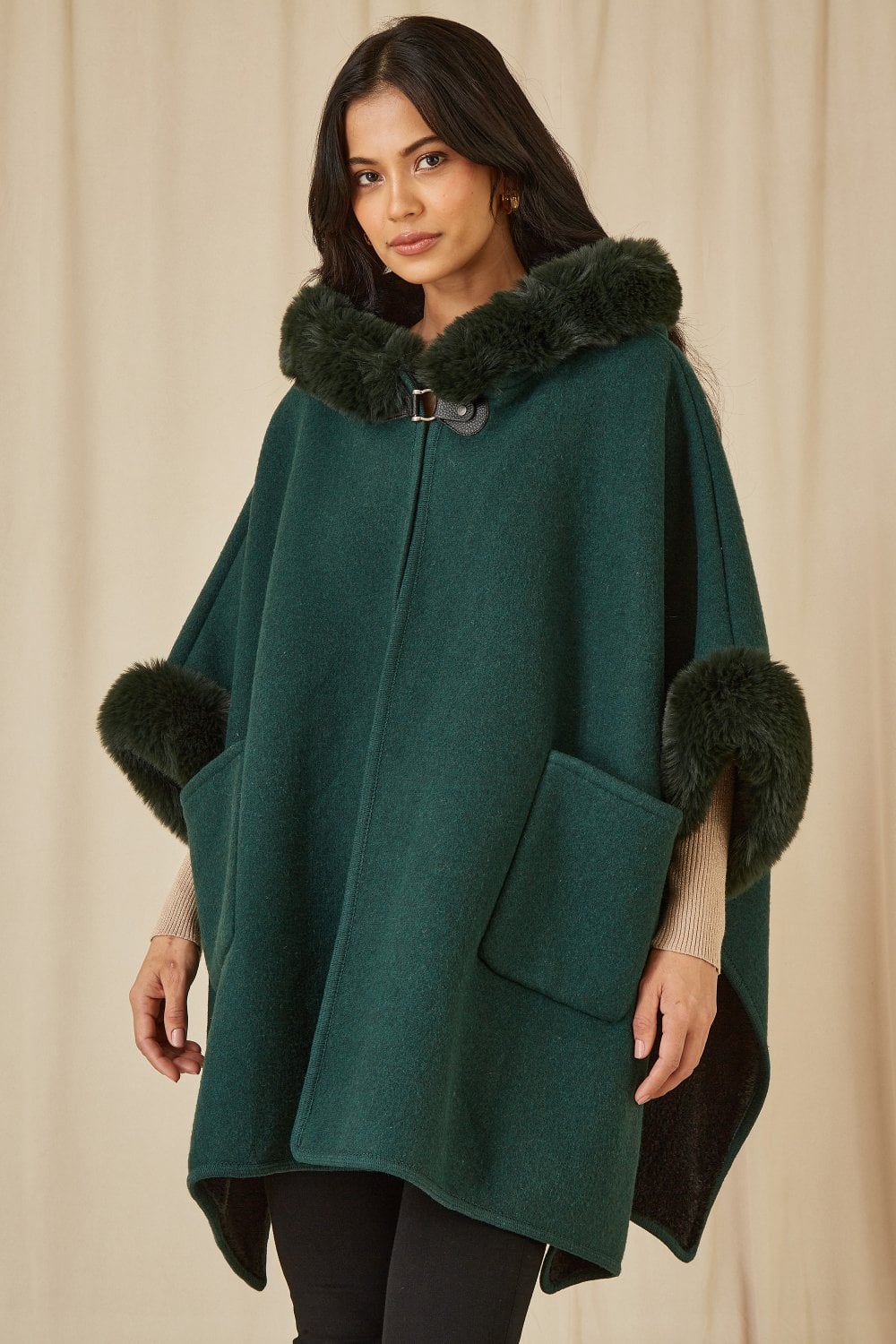 Green Cape With Luxe Fur Trim And Lining