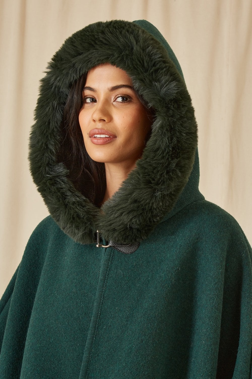 Green Cape With Luxe Fur Trim And Lining