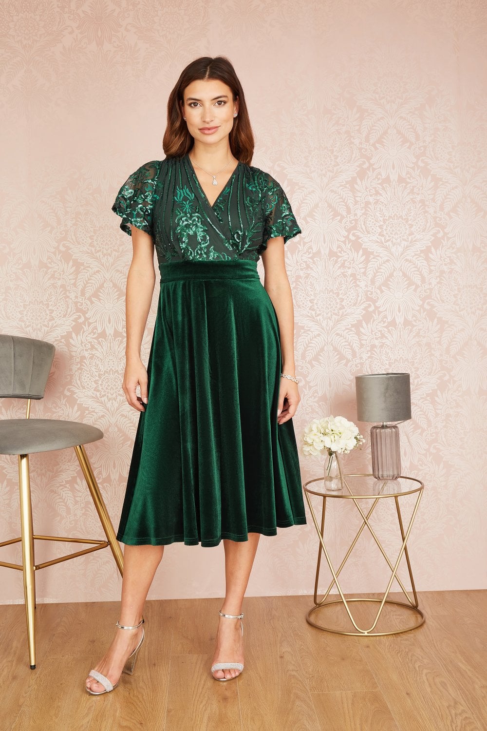 Green Embellished Velvet Wrap Skater Midi Dress - Sizes 8 to 18