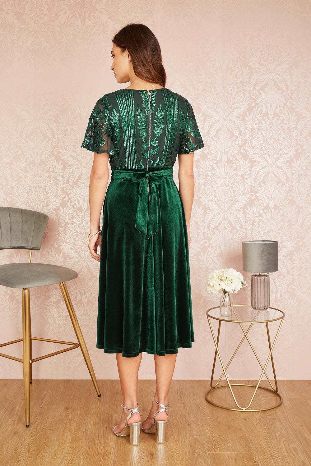 Green Embellished Velvet Wrap Skater Midi Dress - Sizes 8 to 18
