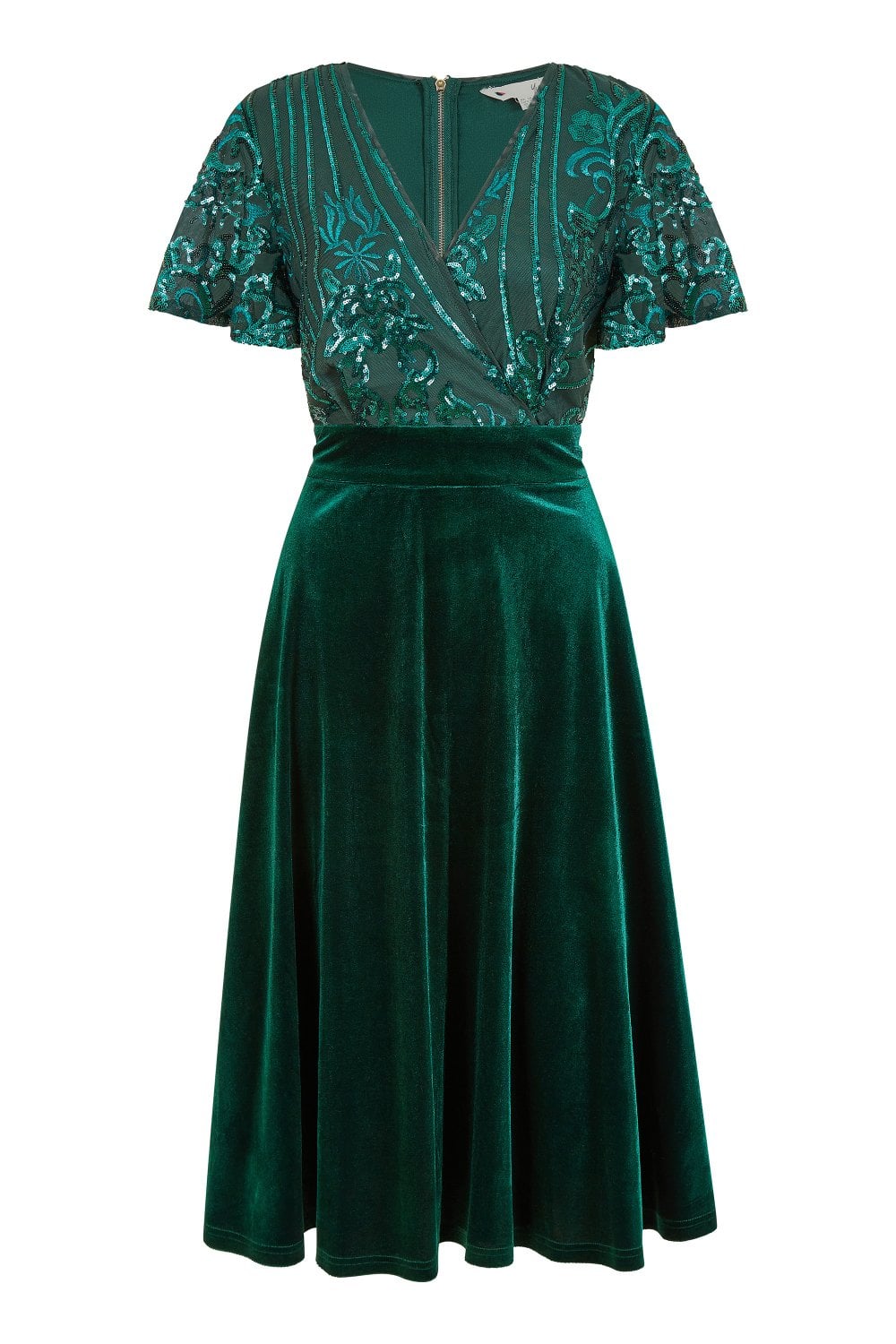 Green Embellished Velvet Wrap Skater Midi Dress - Sizes 8 to 18
