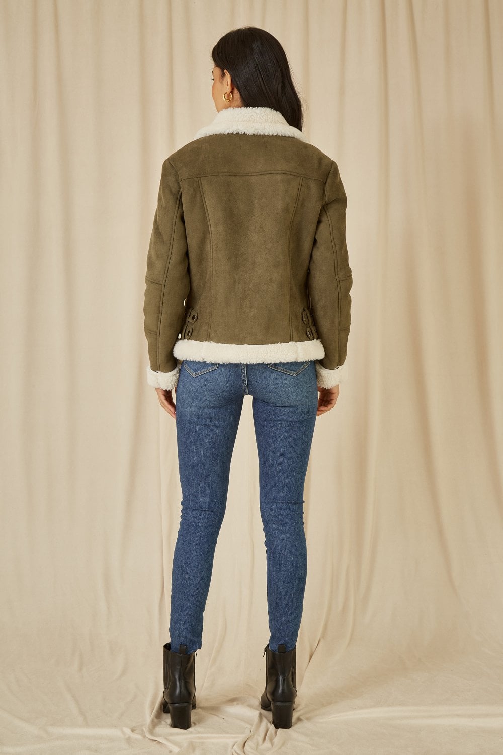 Green Faux Suede And Shearling Biker Jacket - Sizes 8 to 16