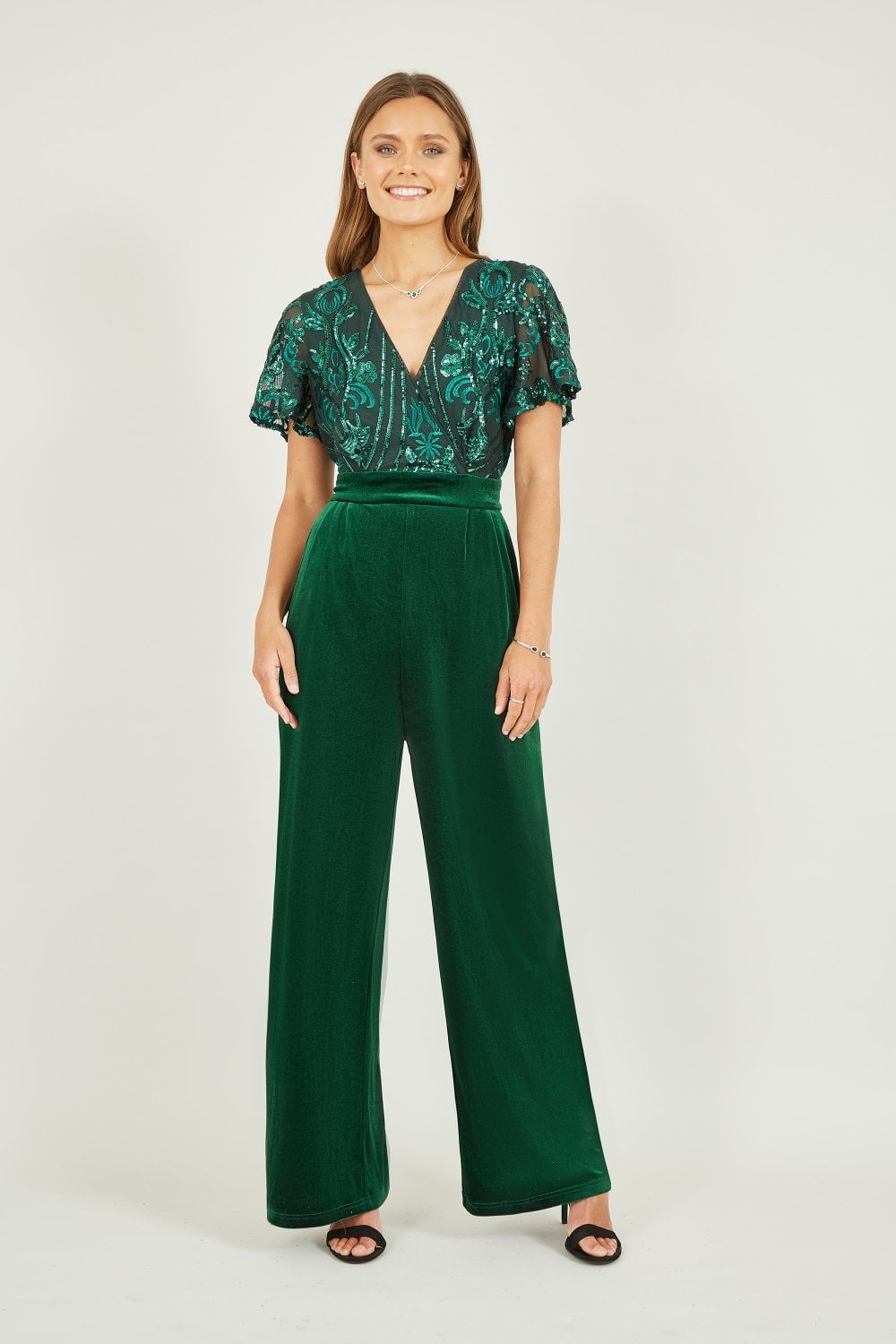 Green Sequin Embellished Velvet Jumpsuit With Angel Sleeves - Sizes 8 to 16