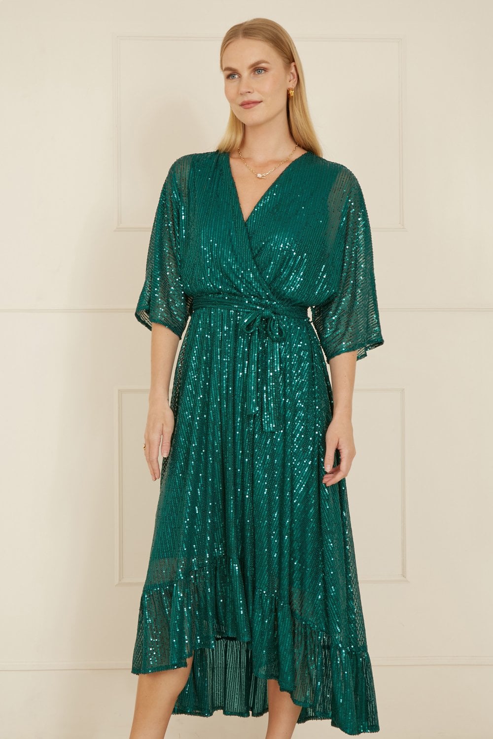 Green Sequin Kimono Midi Wrap Dress