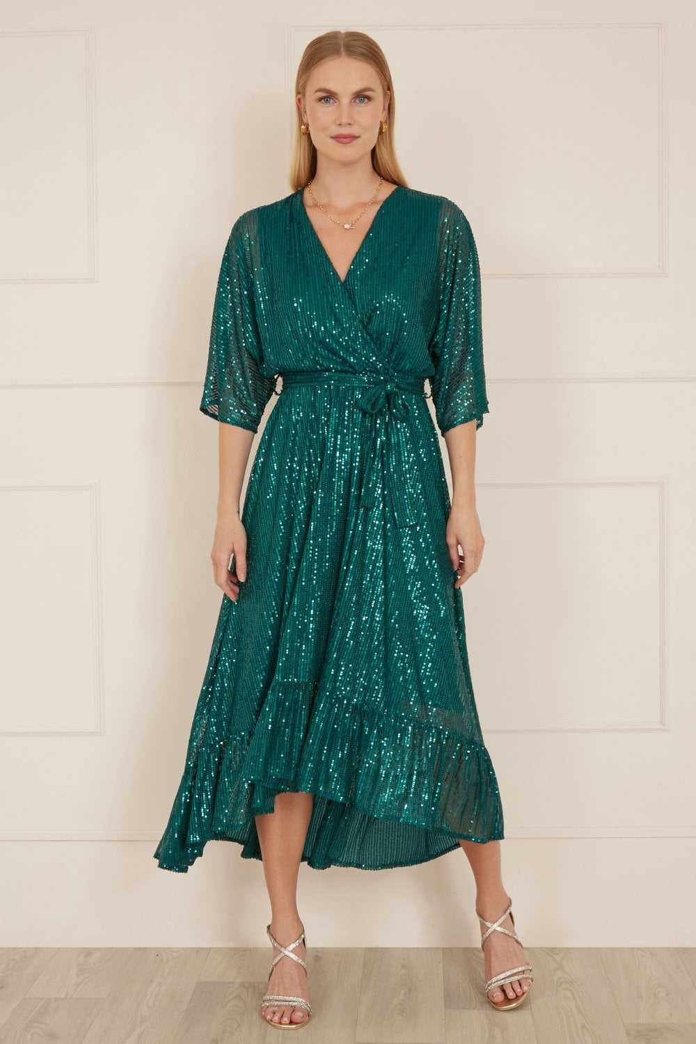 Green Sequin Kimono Midi Wrap Dress