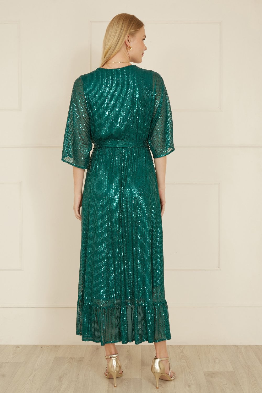 Green Sequin Kimono Midi Wrap Dress