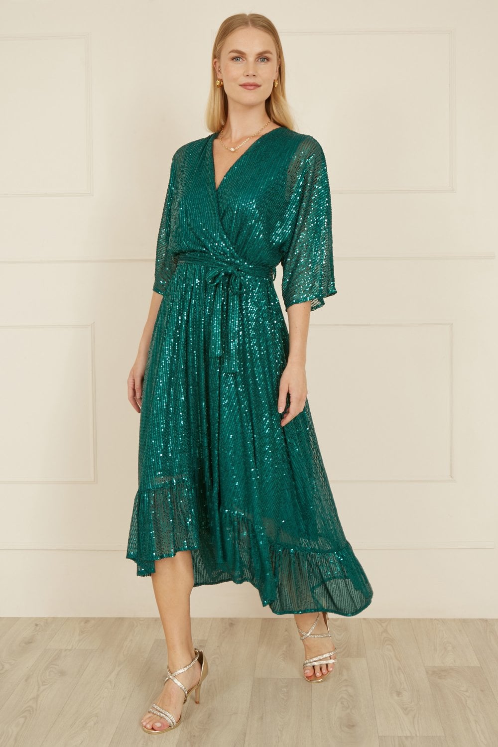 Green Sequin Kimono Midi Wrap Dress