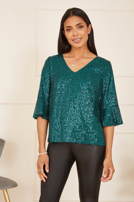 Green Sequin Fluted Top
