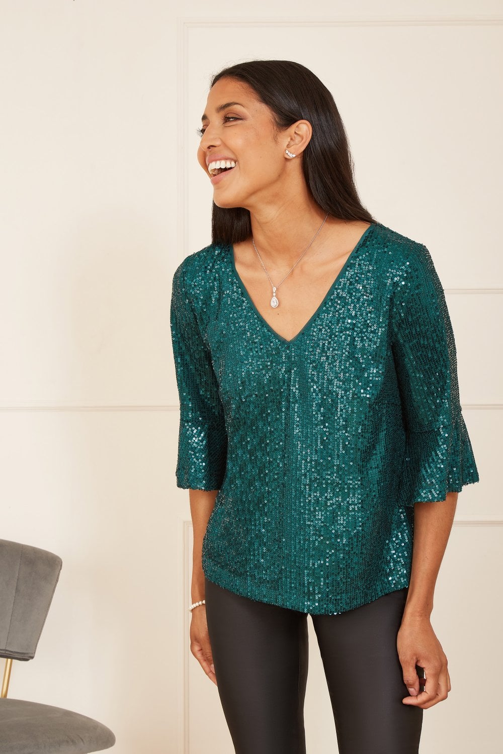 Green Sequin Fluted Top