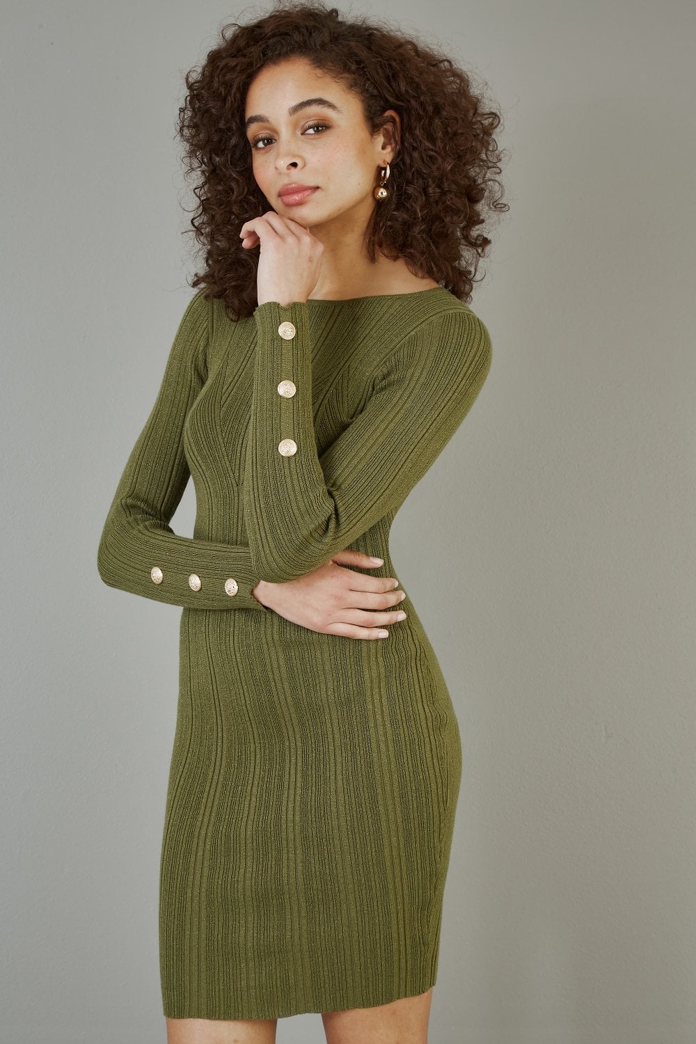 Green Shimmer Fitted Midi Dress With Button Detail