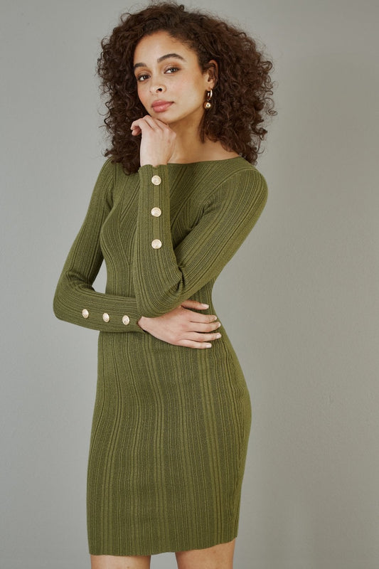 Green Shimmer Fitted Midi Dress With Button Detail