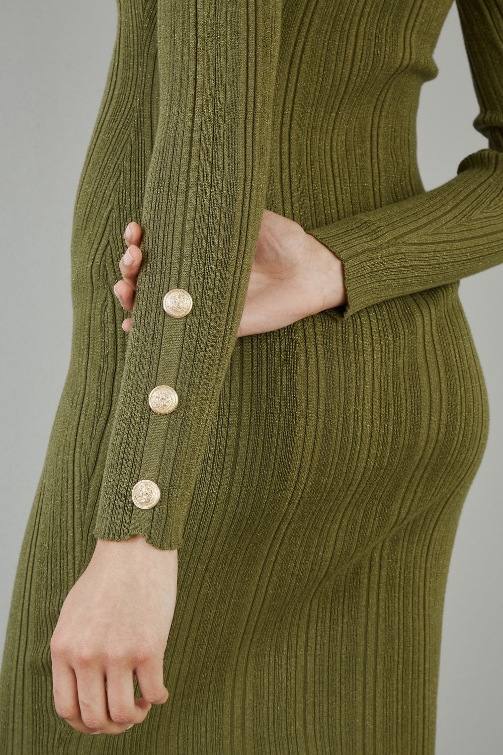 Green Shimmer Fitted Midi Dress With Button Detail