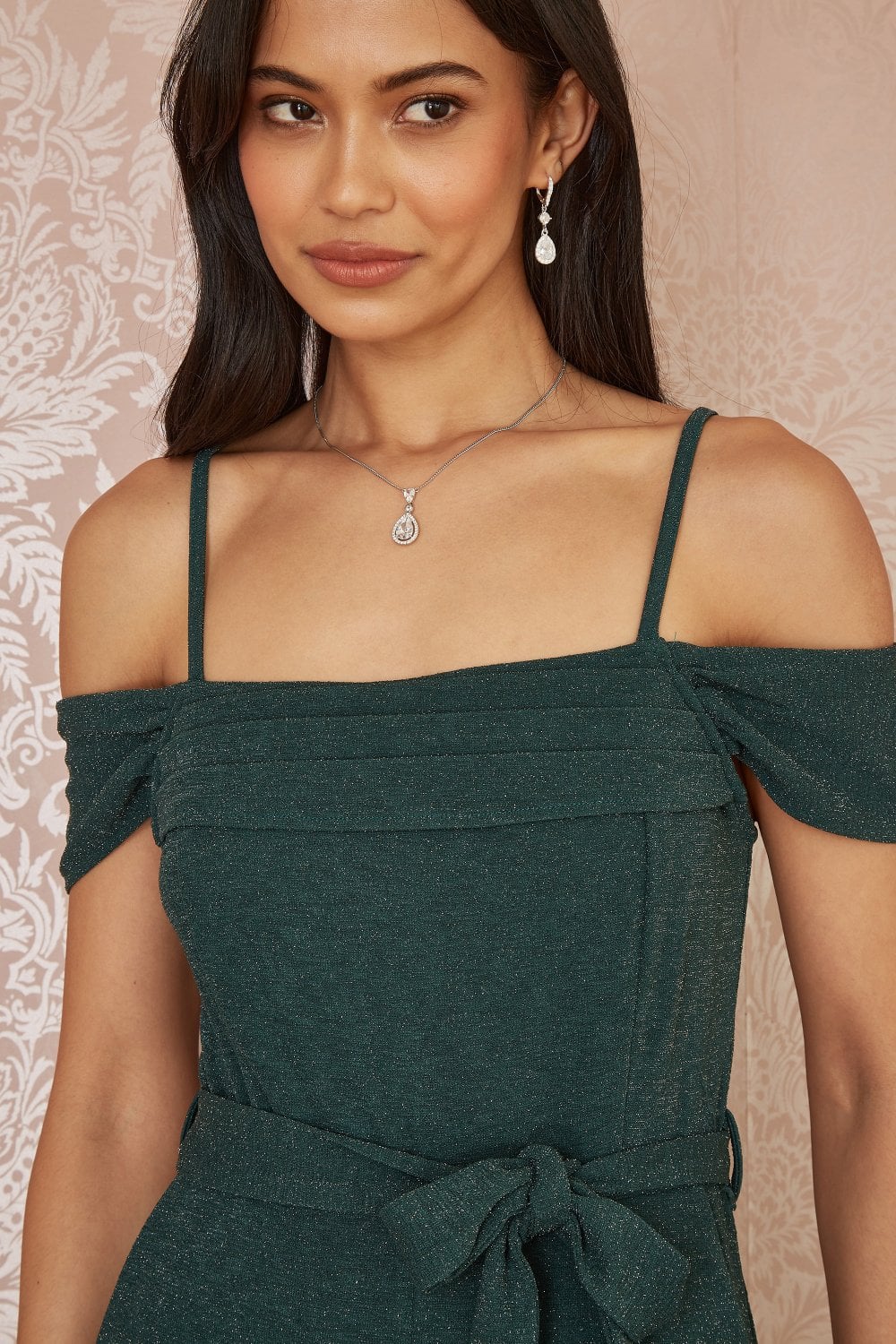 Green Sparkle Stretch Bardot Jumpsuit - Sizes 8 to 16