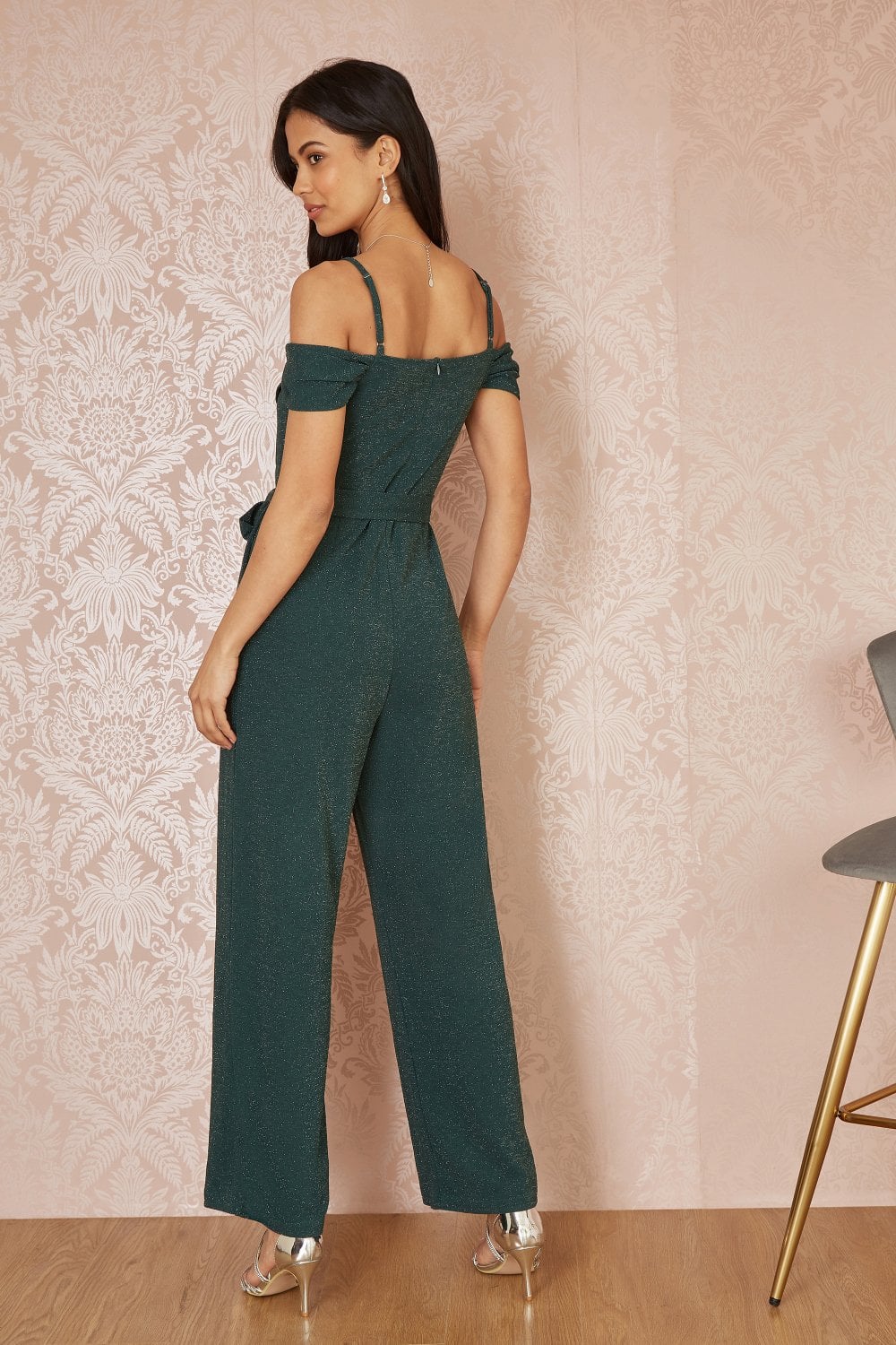 Green Sparkle Stretch Bardot Jumpsuit - Sizes 8 to 16