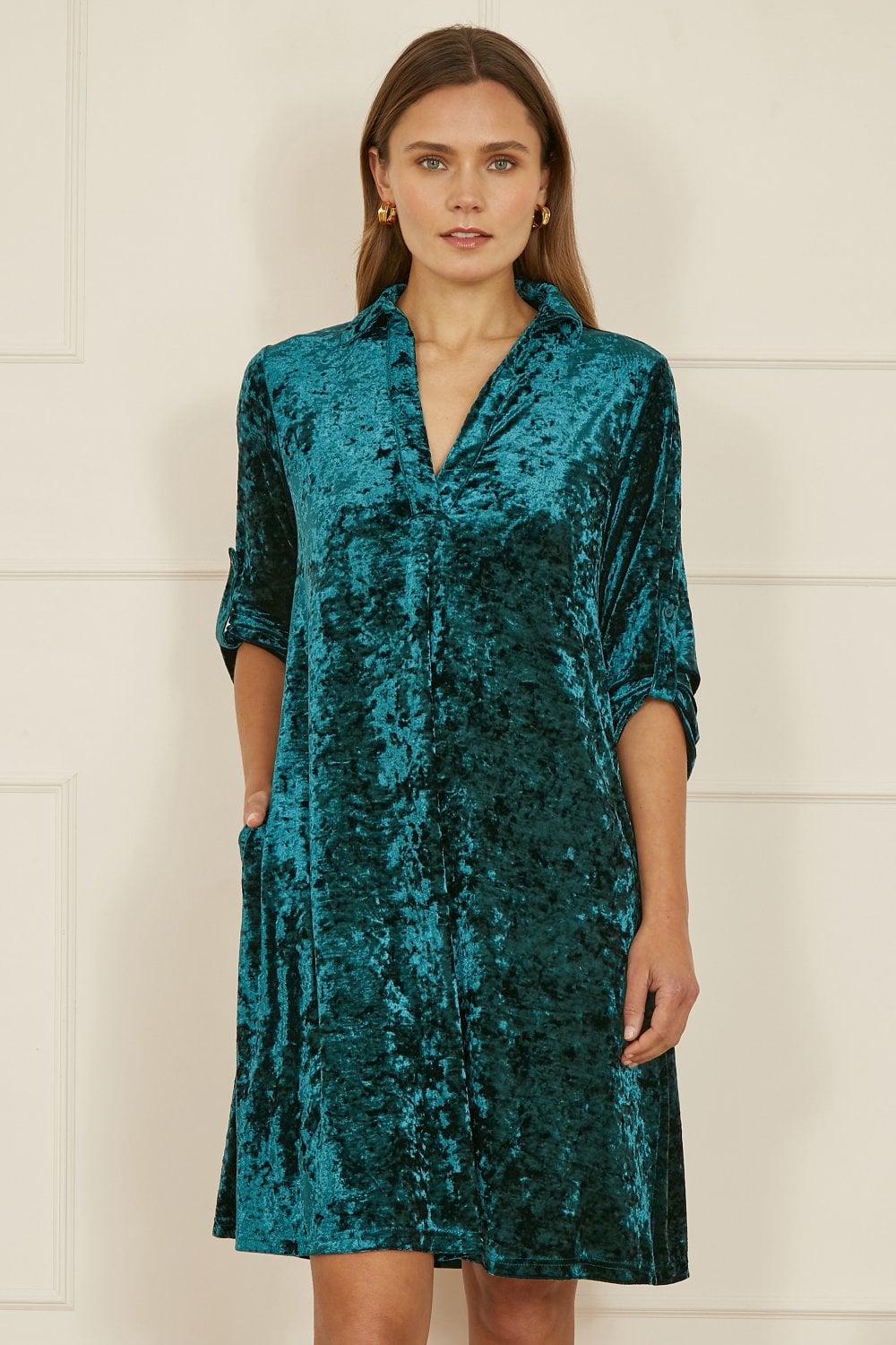 Green Velvet Tunic Dress With 3/4 Sleeves - Sizes 8 to 26