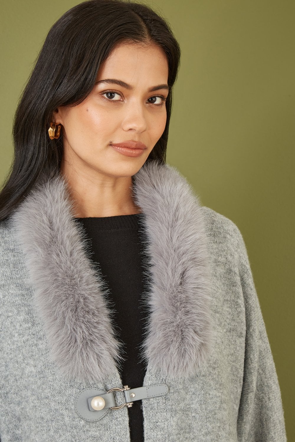 Grey Cardigan With Detachable Fur Collar Trim