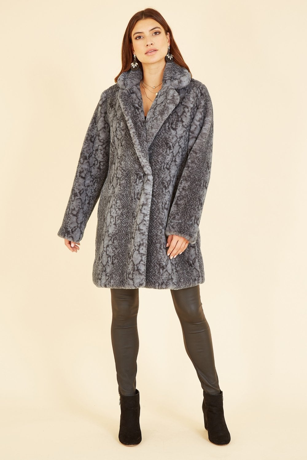 Grey Snakeskin Print Faux Fur Coat - Sizes 8 to 16