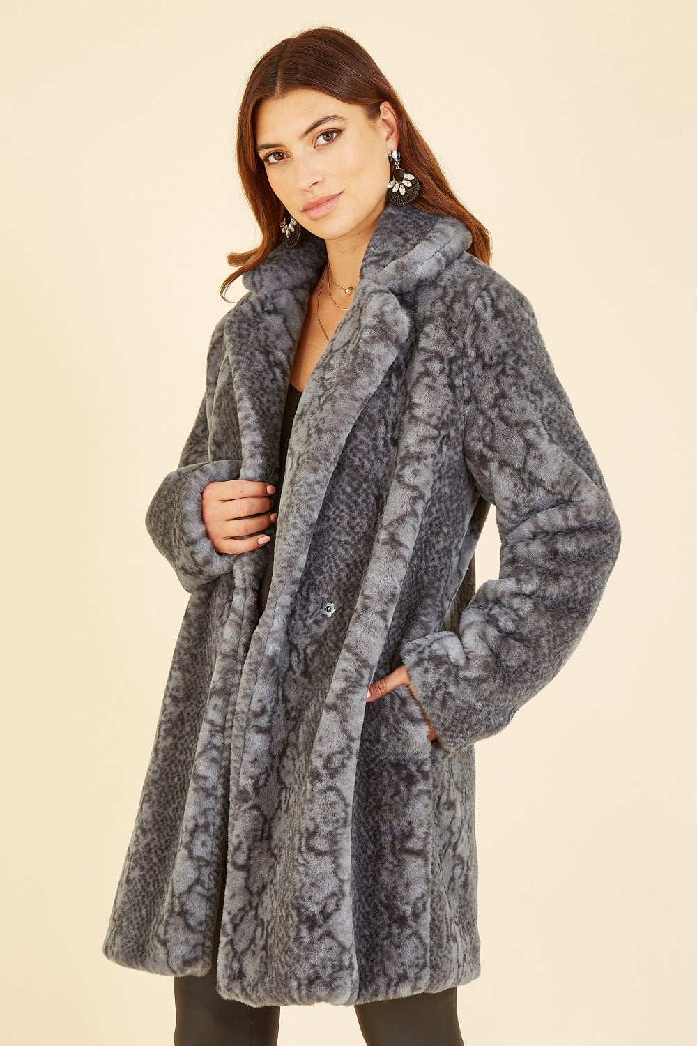 Grey Snakeskin Print Faux Fur Coat - Sizes 8 to 16
