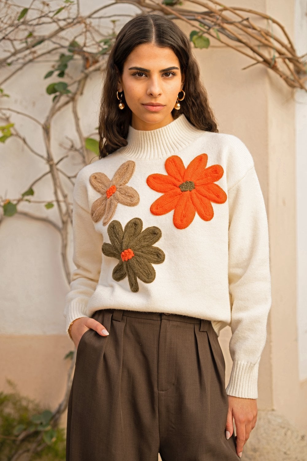 Ivory Knitted High Neck Jumper With Applique Flowers