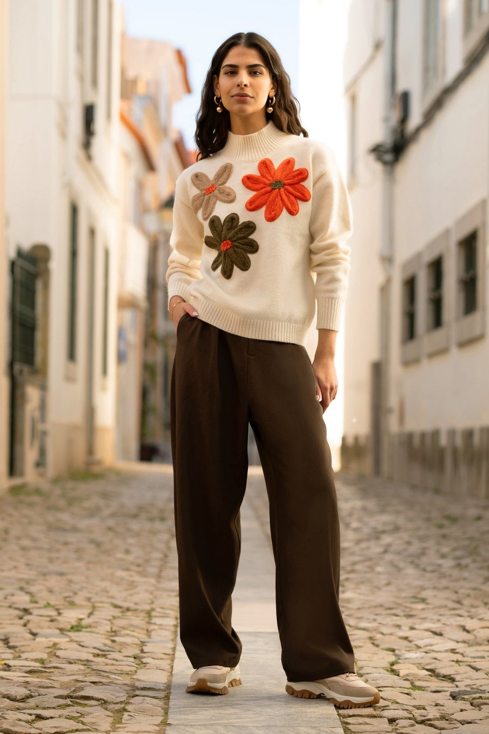 Ivory Knitted High Neck Jumper With Applique Flowers