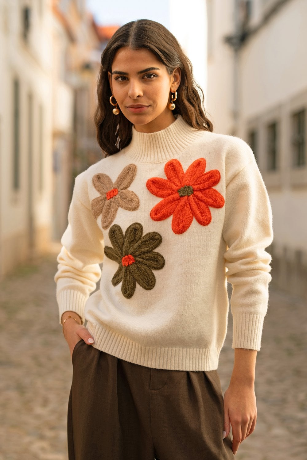 Ivory Knitted High Neck Jumper With Applique Flowers