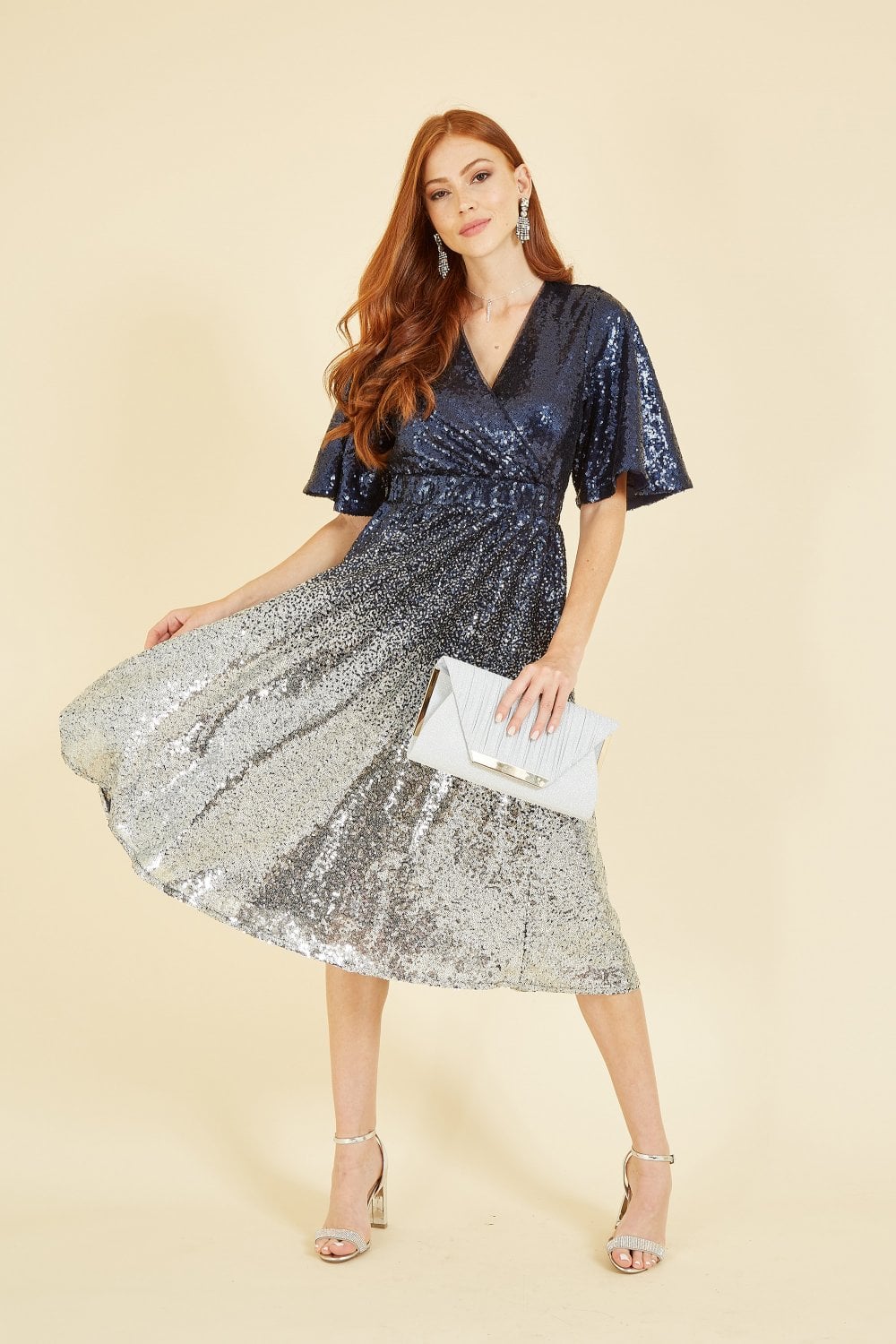 Navy and Silver Ombre Sequin Wrap Dress - Sizes 8 to 26