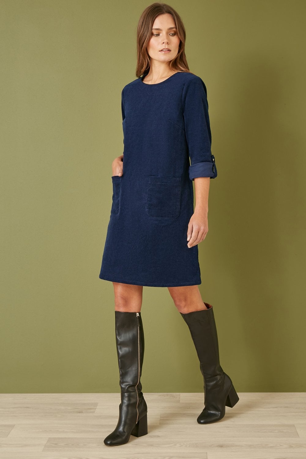 Navy Cord Tunic Dress With 3/4 Sleeves And Pockets - Sizes 8 to 16