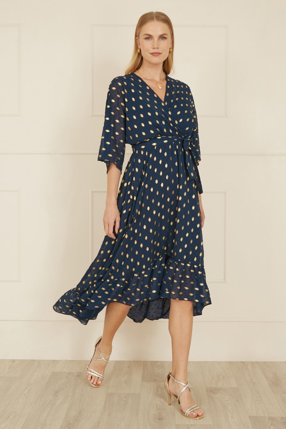 Navy Foil Print Wrap Over Dip Hem Midi Dress - Sizes 8 to 22