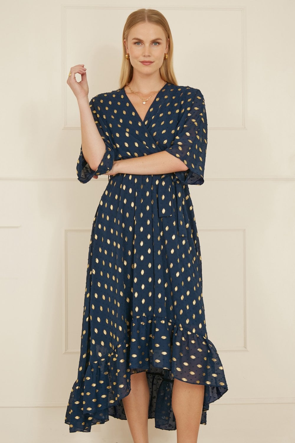 Navy Foil Print Wrap Over Dip Hem Midi Dress - Sizes 8 to 22