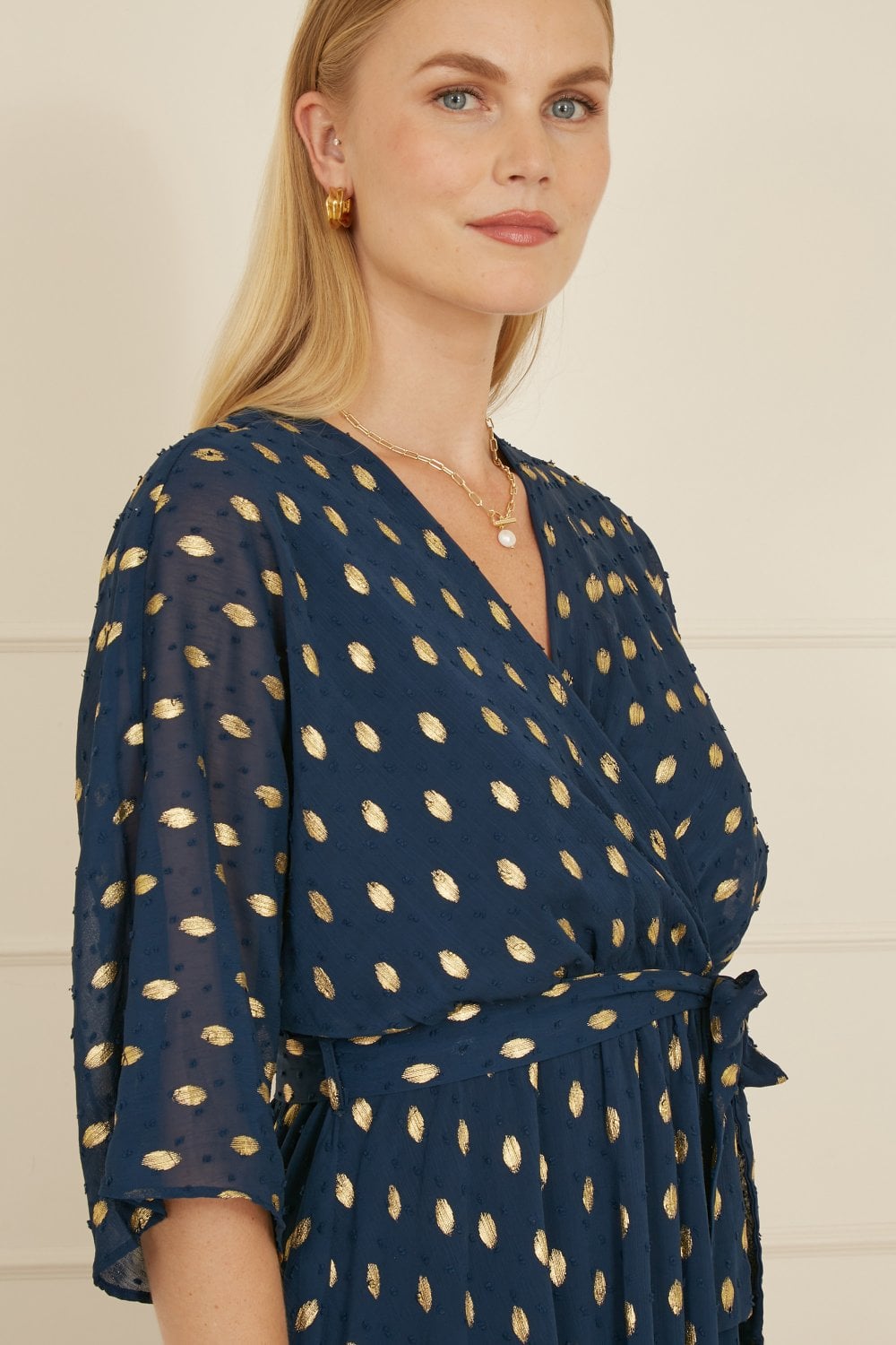 Navy Foil Print Wrap Over Dip Hem Midi Dress - Sizes 8 to 22