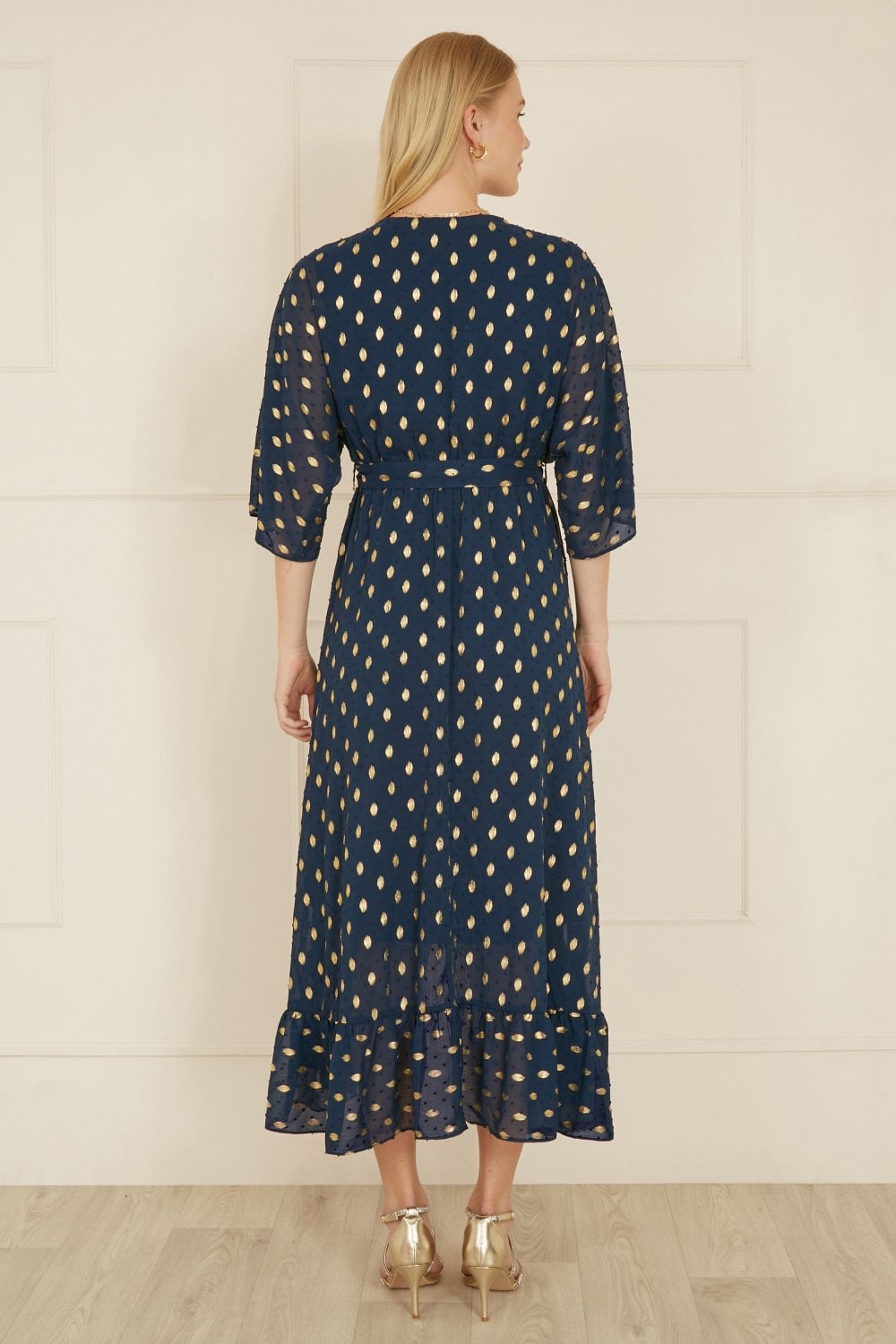 Navy Foil Print Wrap Over Dip Hem Midi Dress - Sizes 8 to 22