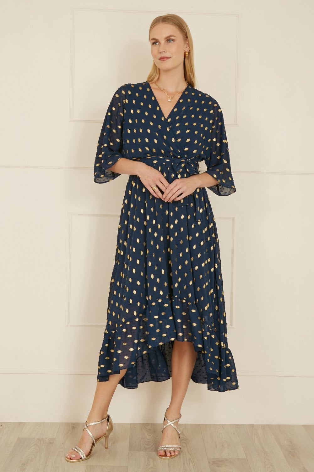 Navy Foil Print Wrap Over Dip Hem Midi Dress - Sizes 8 to 22
