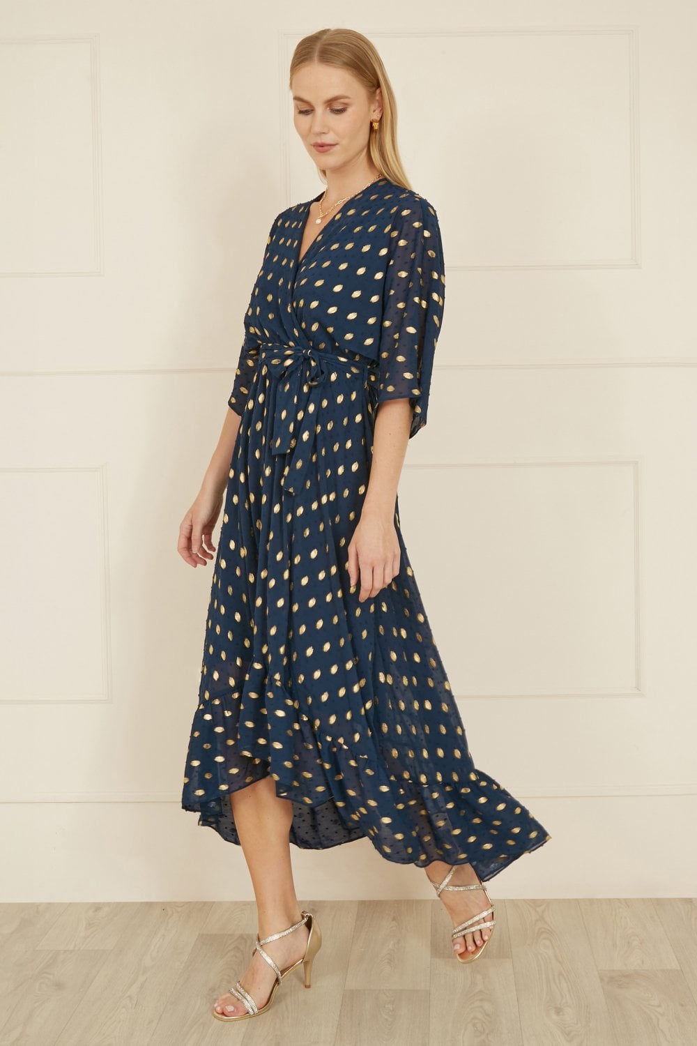 Navy Foil Print Wrap Over Dip Hem Midi Dress - Sizes 8 to 22