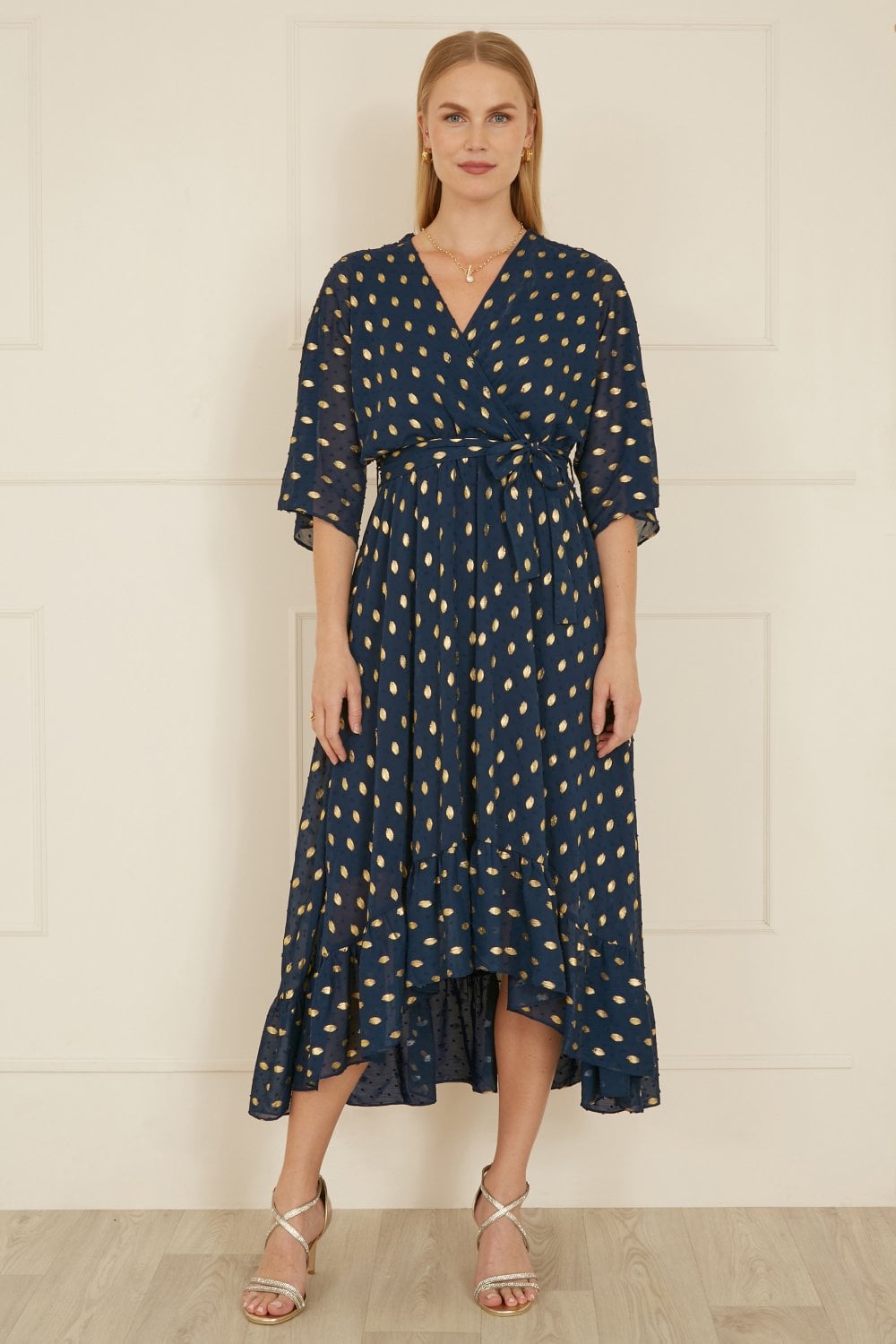 Navy Foil Print Wrap Over Dip Hem Midi Dress - Sizes 8 to 22