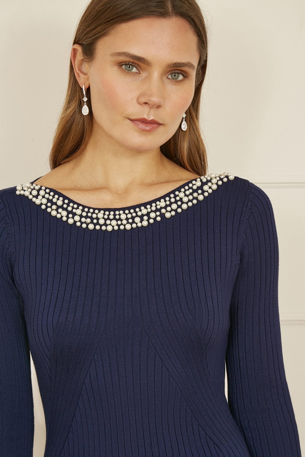 Navy Pearl Neckline Fitted Midi Knitted Dress