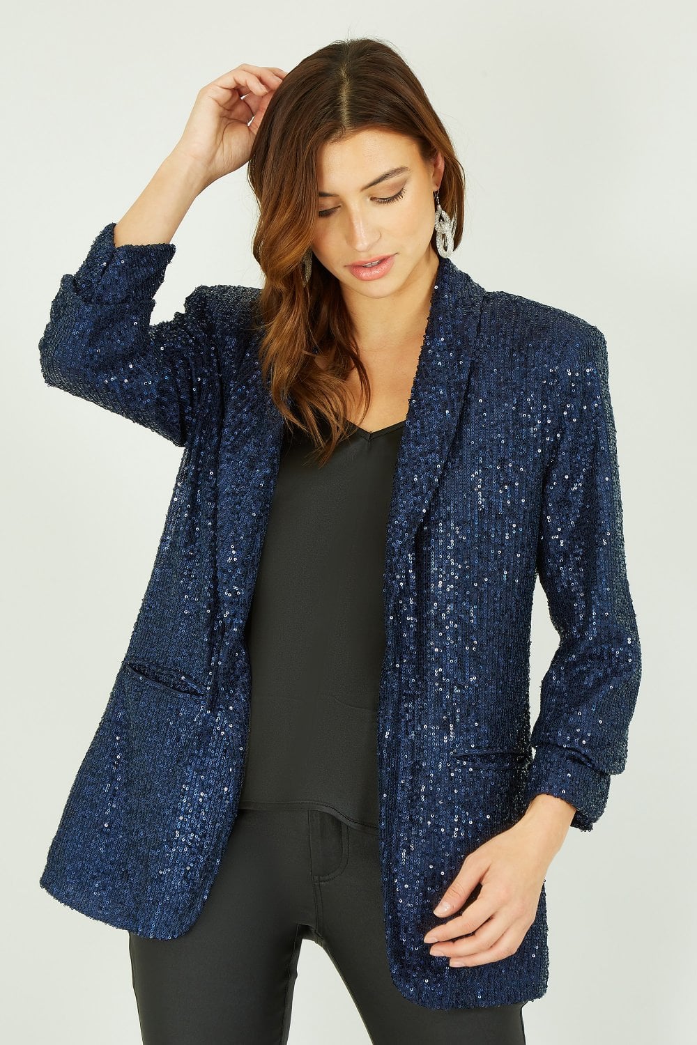 Navy Sequin Blazer With Pockets - Sizes 8 to 26