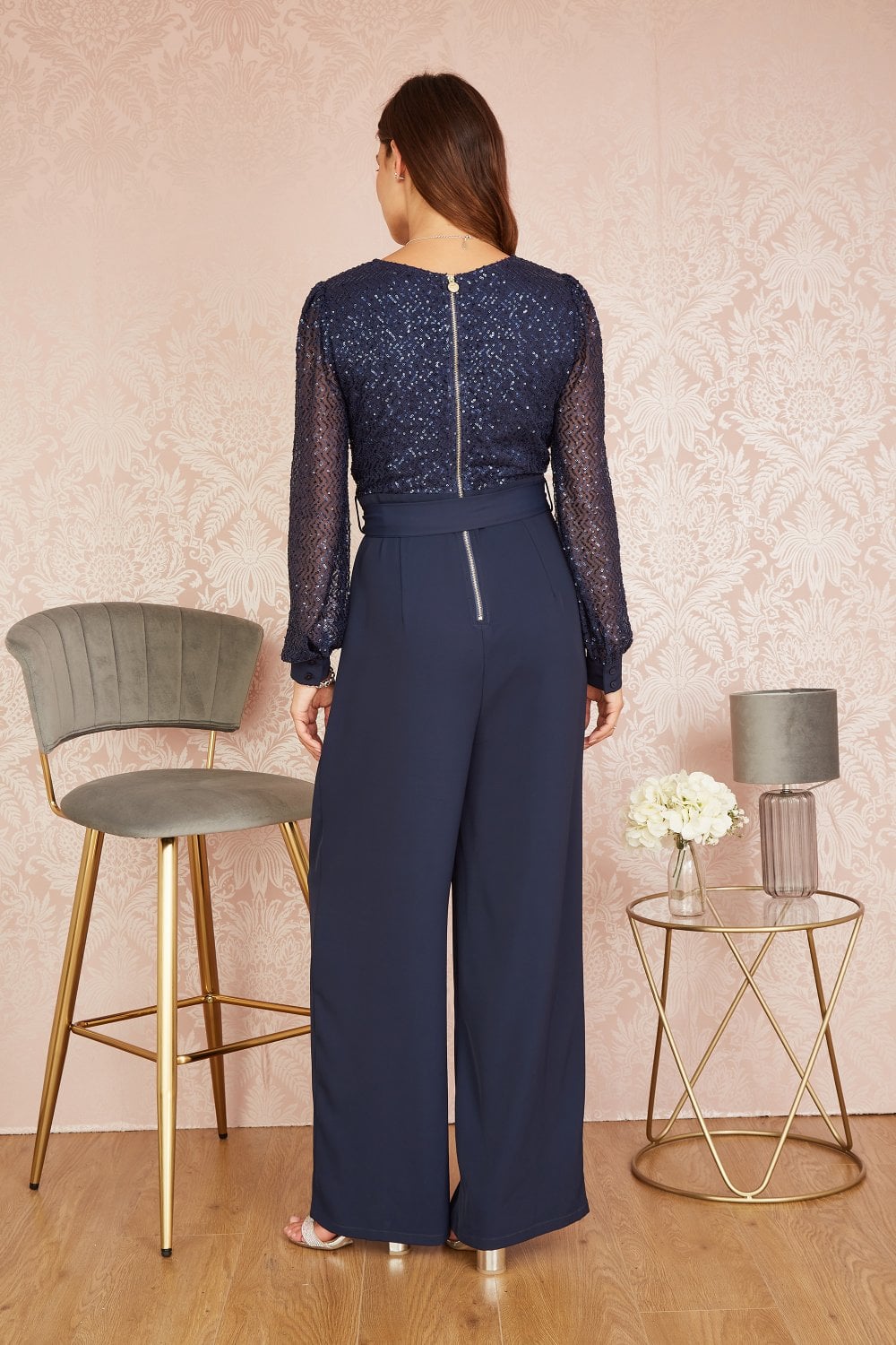 Navy Sequin Tie Waist Jumpsuit - Sizes 8 to 16