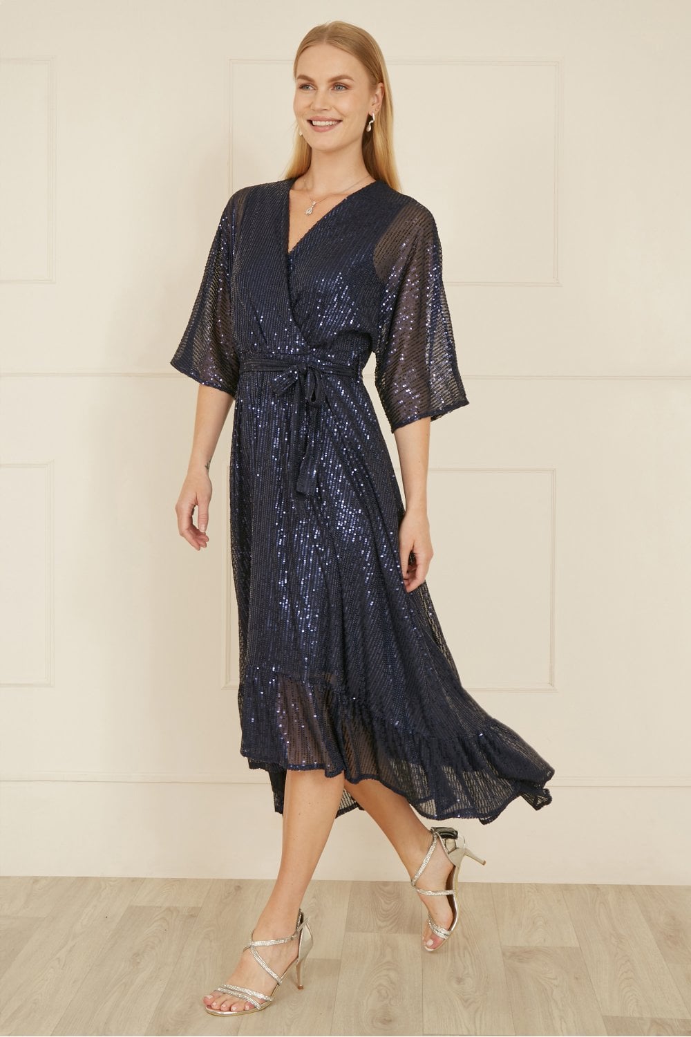 Navy Sequin Kimono Midi Wrap Dress - Sizes 8 to 22