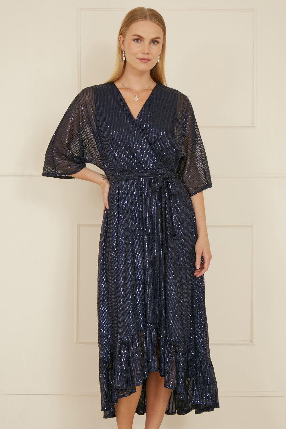 Navy Sequin Kimono Midi Wrap Dress - Sizes 8 to 22
