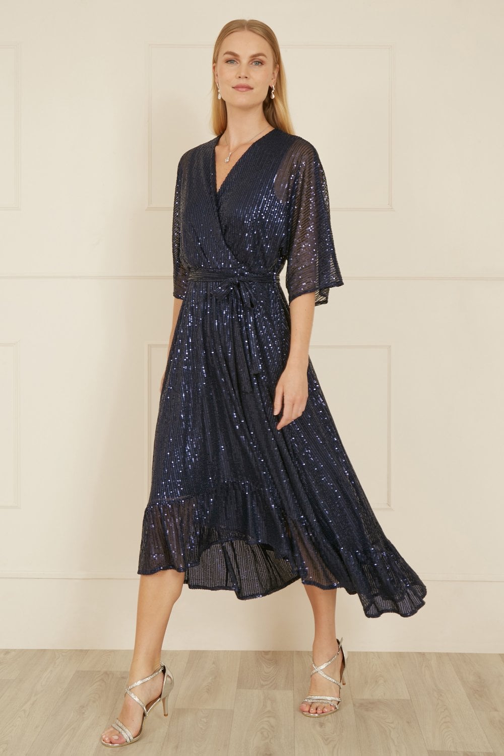 Navy Sequin Kimono Midi Wrap Dress - Sizes 8 to 22