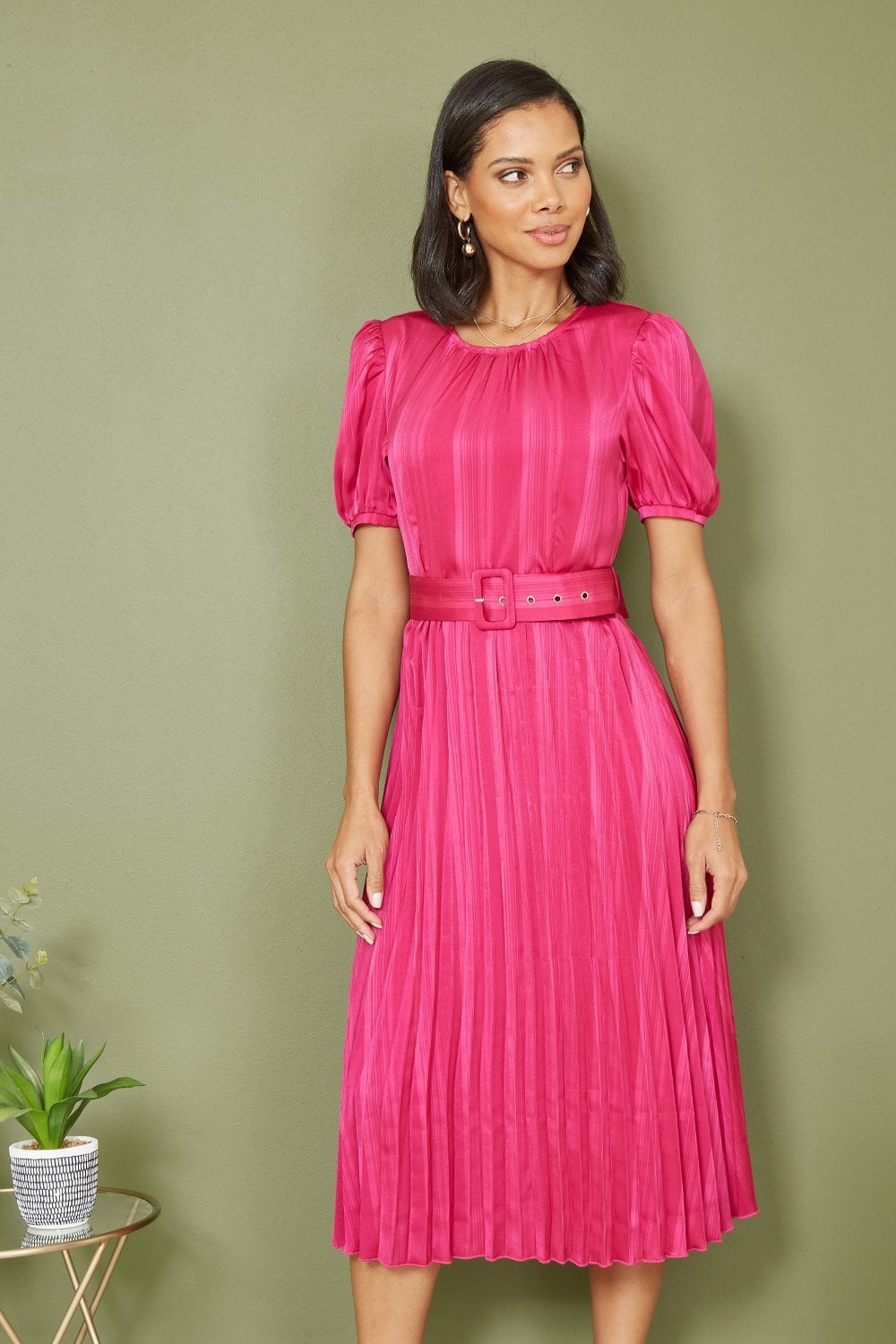 Pink Satin Striped Midi Dress With Pleats and Matching Belt - Sizes 8 to 16