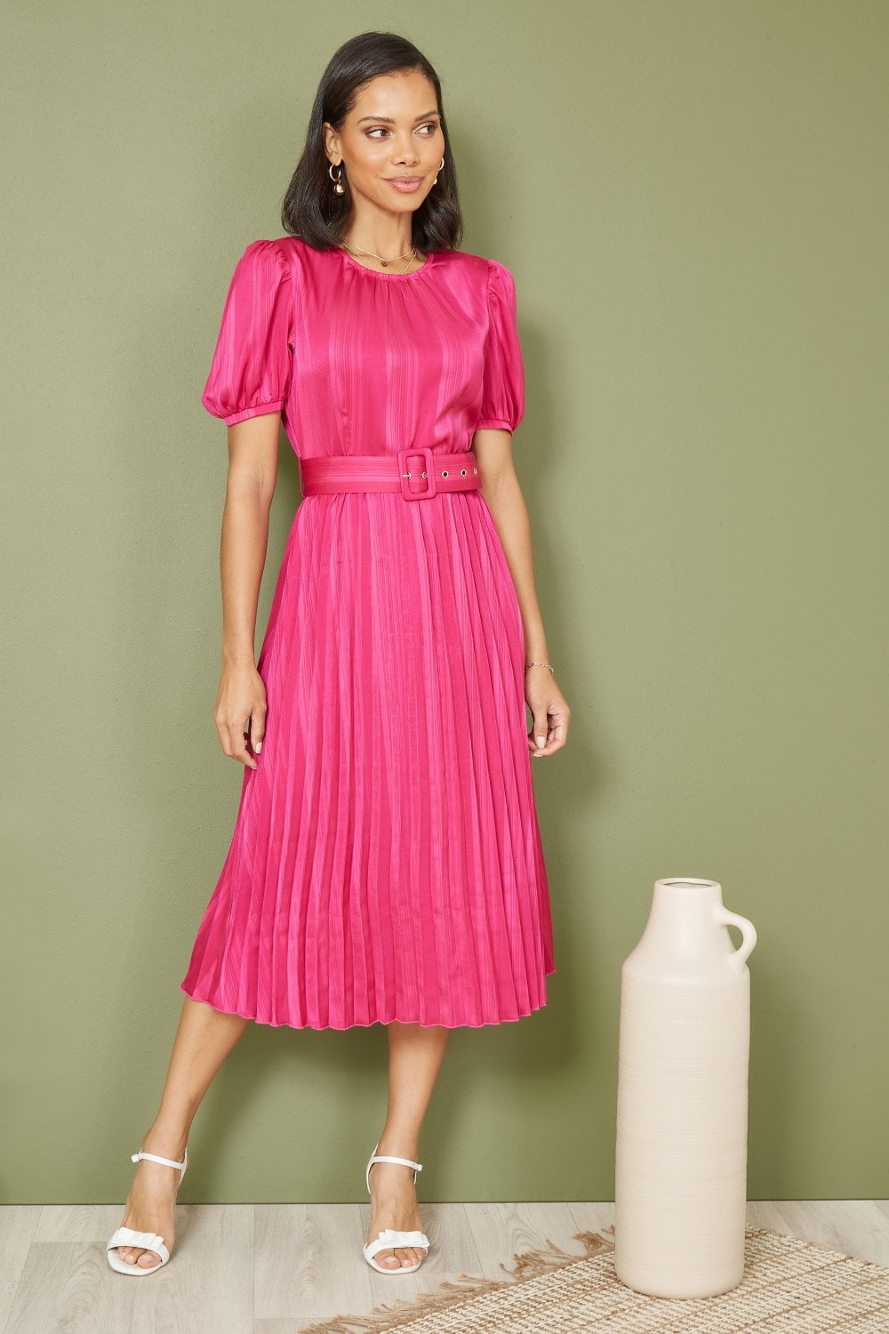 Pink Satin Striped Midi Dress With Pleats and Matching Belt - Sizes 8 to 16