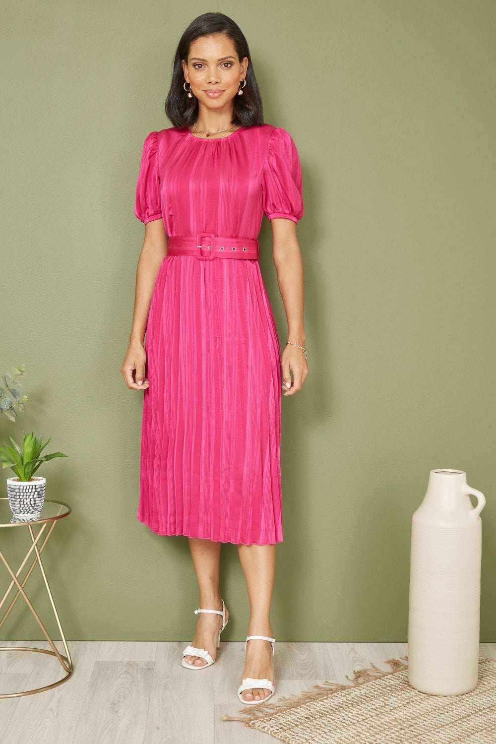 Pink Satin Striped Midi Dress With Pleats and Matching Belt - Sizes 8 to 16