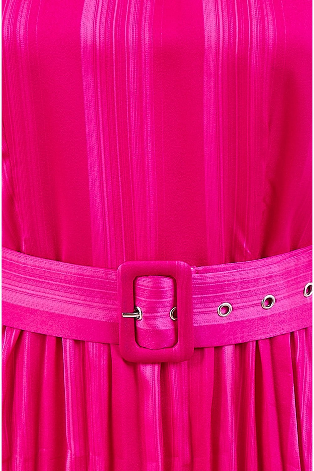 Pink Satin Striped Midi Dress With Pleats and Matching Belt - Sizes 8 to 16