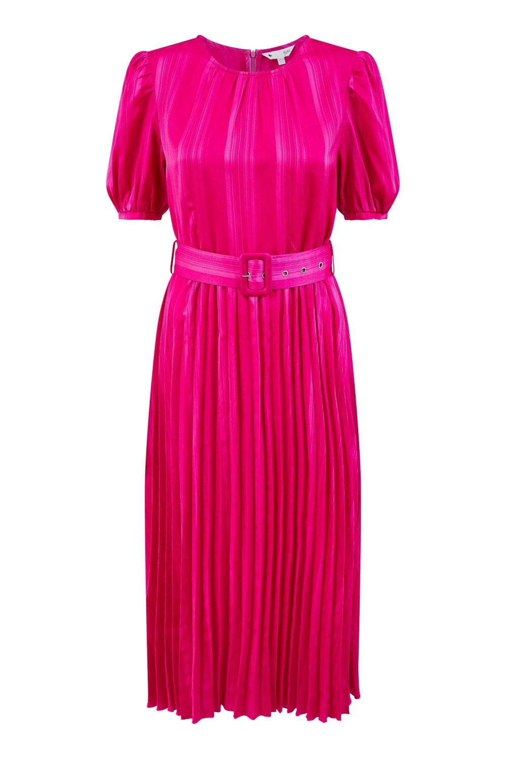 Pink Satin Striped Midi Dress With Pleats and Matching Belt - Sizes 8 to 16