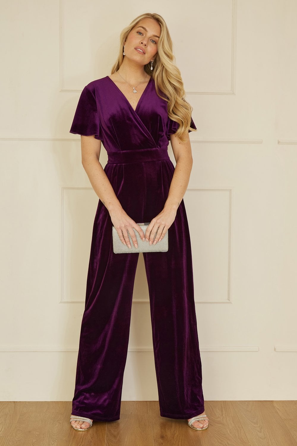 Purple Velvet Jumpsuit With Angel Sleeves - Size 8 to 18