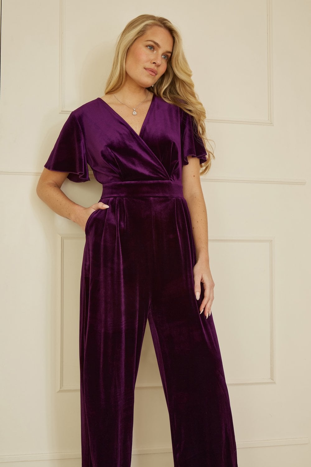 Purple Velvet Jumpsuit With Angel Sleeves - Size 8 to 18