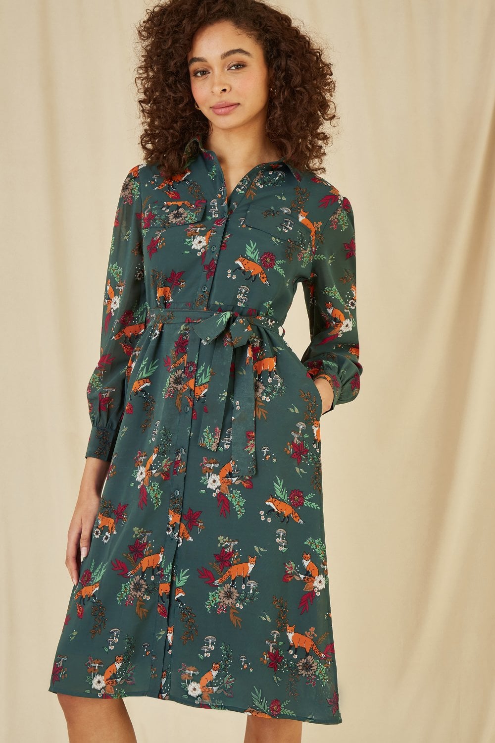 Recycled Green Fox Print Shirt Midi Dress - Sizes 8 to 16