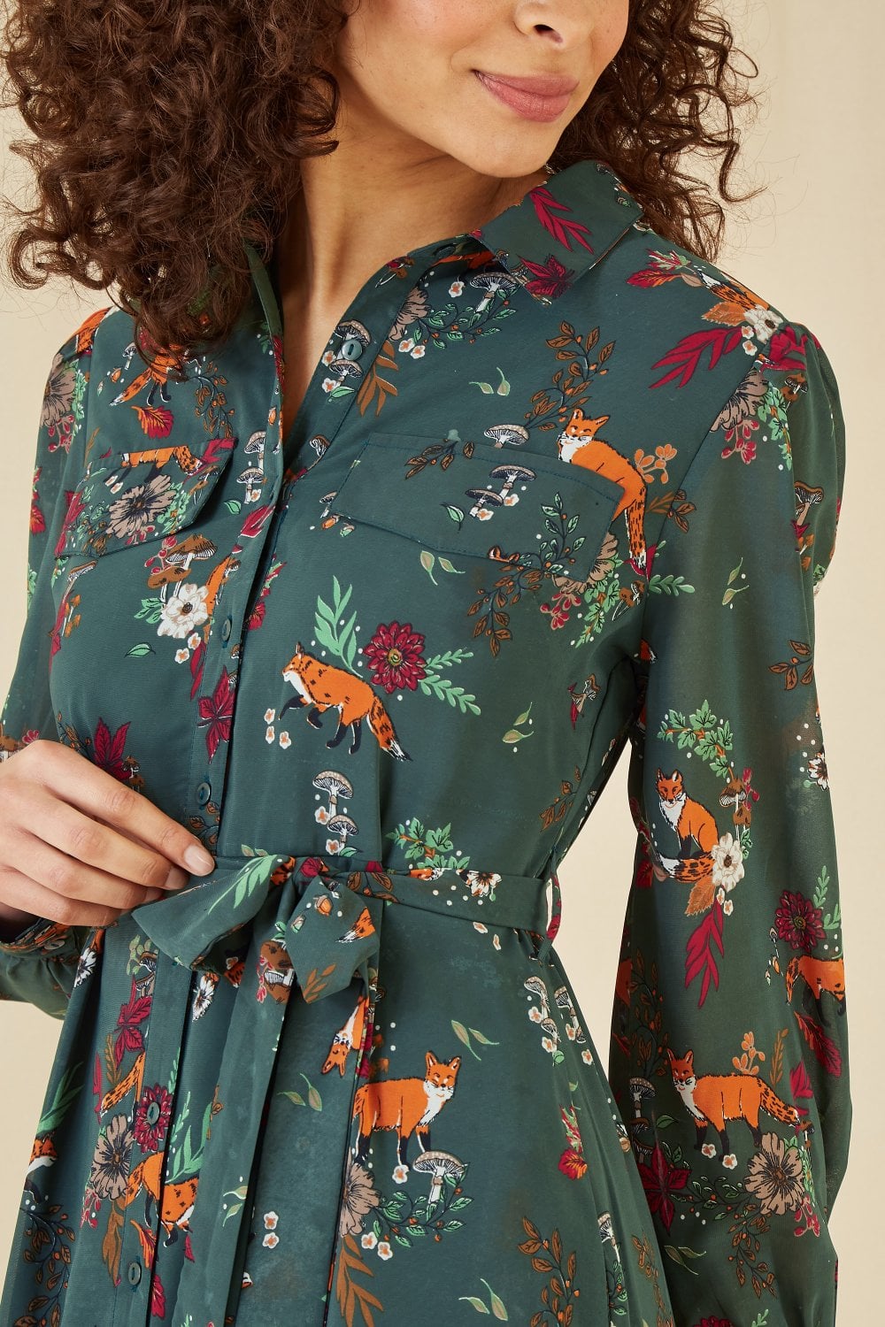 Recycled Green Fox Print Shirt Midi Dress - Sizes 8 to 16