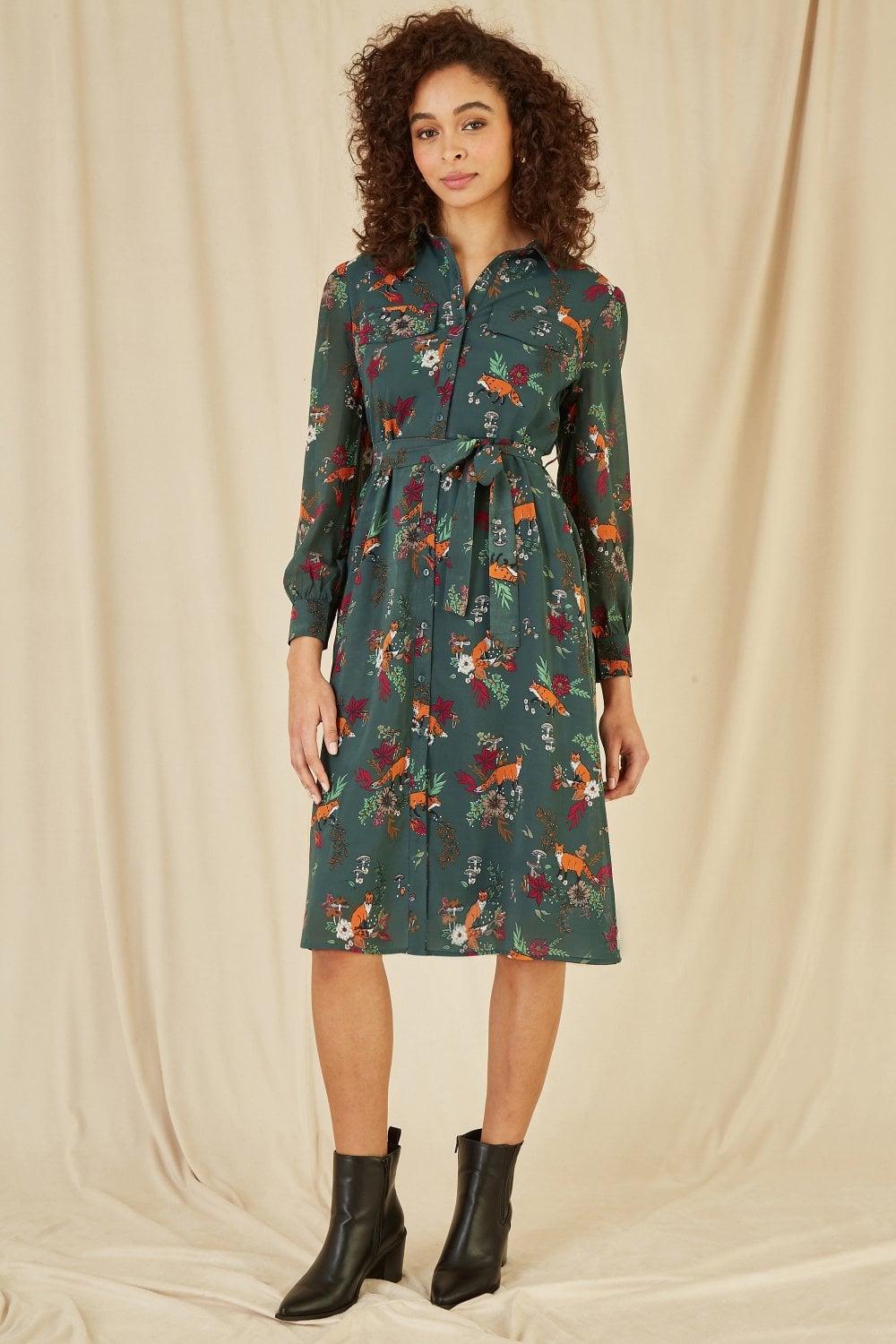 Recycled Green Fox Print Shirt Midi Dress - Sizes 8 to 16